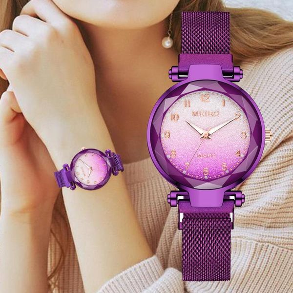 

wristwatches women magnet buckle gradient color starry sky watch luxury ladies stainless steel mesh belt quartz watches relogio feminino, Slivery;brown