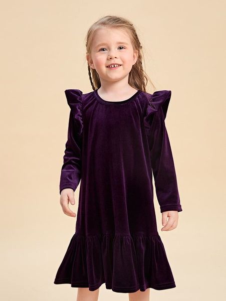 

toddler girls ruffle trim flounce hem velvet dress she, Red;yellow