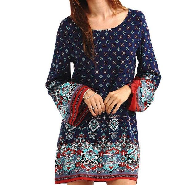 

women chiffon dresses mini dress long sleeve flare o neck vestidos geometric print slim loose casual black navy, Black;gray