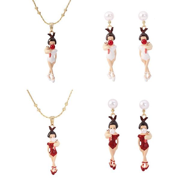 

earrings & necklace girl blowing bubbles handmade enamel set ornaments wholesale jewelry for woman trend, Silver