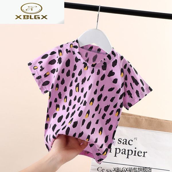 

children's t-shirt summer new fashion for boys and girls 1-6 years old short sleeve purple leopard 90 recommended, Blue