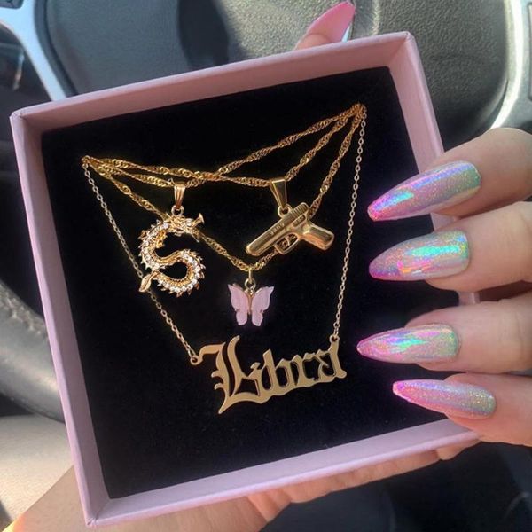

punk metal pistol gun pendant necklace for women multilayer dragon letter butterfly twisted chain necklaces 2021 trendy jewelry chains, Silver