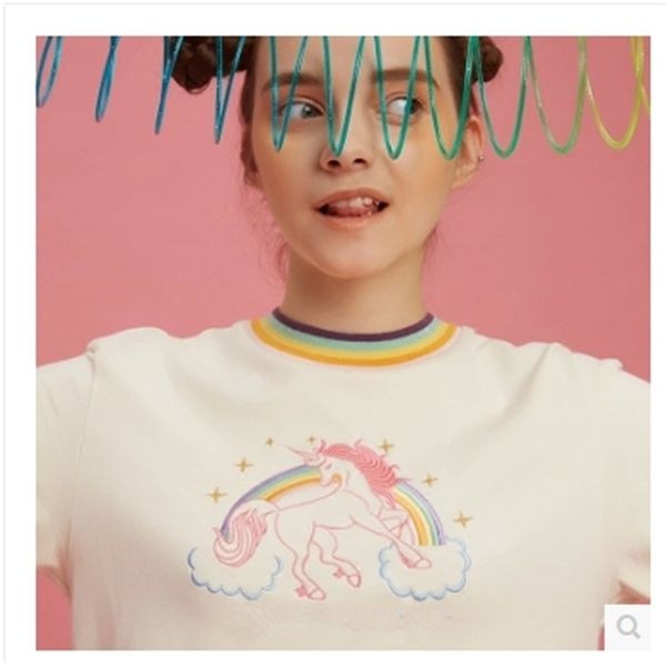 

unique design embroidery rainbow loose short sleeve women t-shirt 210522, White