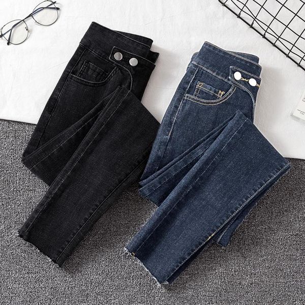 

women's jeans high-waist black solid denim pencil pants woman 2021 korean style skinny female double button jean lady summer spring, Blue