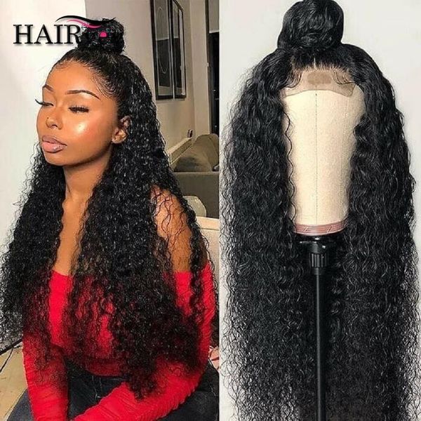 

kinky curly closure wig remy peruvian human hair 180 density 4x4 lace pre plucked bleached knots wigs1, Black;brown