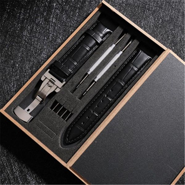 

watch bands leather strap double press butterfly buckle boxed first layer slubby pattern for man accessories, Black;brown
