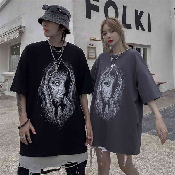 

character head print short t-shirt women's high street fashion brand hip hop personality loose quarter sleeve summer half sleeve, White;black