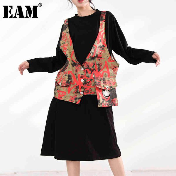 

[eam] women big size black pattern printed dress round neck long sleeve loose fit fashion spring autumn 1z2140 21512, Black;gray