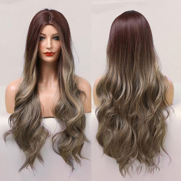 

synthetic wigs long wavy ombre wine red brown highlight blonde cosplay party daily wig for women high temperature hair, Black