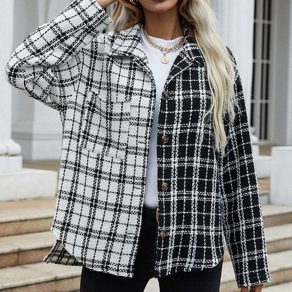 

women's jackets 2021 fashion women long sleeve plaid shirt coats spring autumn casual lapel cardigan outerwear streetwear, Black;brown
