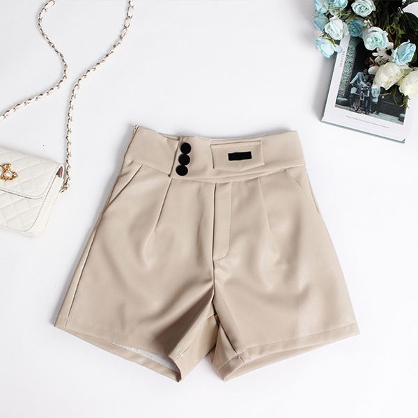 

women's shorts autumn faux leather high waist zipper button female short pants solid all-match casual loose ladies clothes b31x, White;black