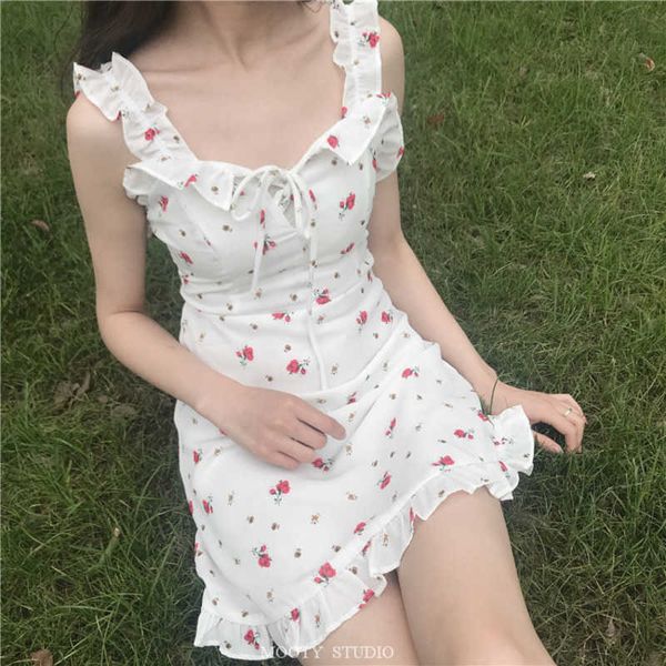 

womengaga summer sweet women's white mini tank dress fresh ruffle dresses chiffon print high waist korena women 5m3q 210603, Black;gray