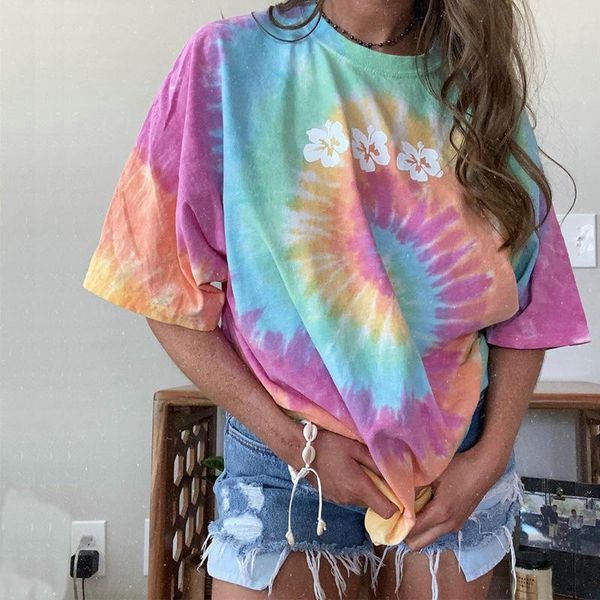 

women's t-shirt t-shirts summer traf casual round neck loose large size harajuku seven-color flower tie-dye y2k woman tshirts, White