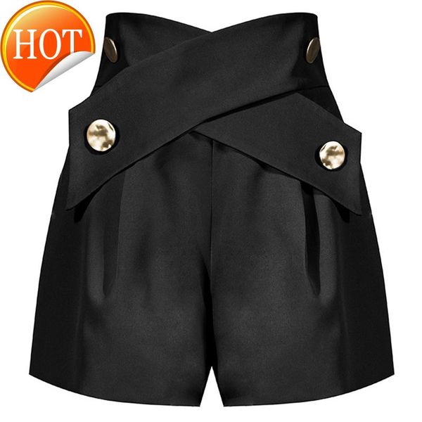 

buttons women high waist decoration shorts wide leg loose casual women's, White;black
