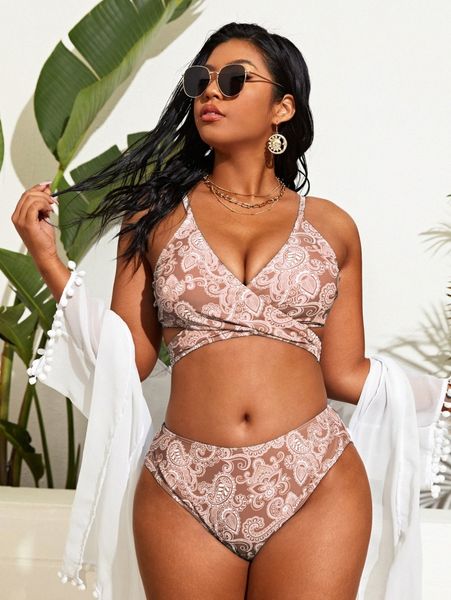 

plus paisley print wrap bikini swimsuit t8da#, Black