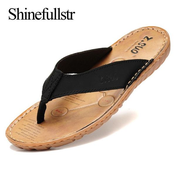 

summer mens genuine leather flip flops flop men slippers sandals for outdoor sliper design chanclas hombre claquette klapki, Black