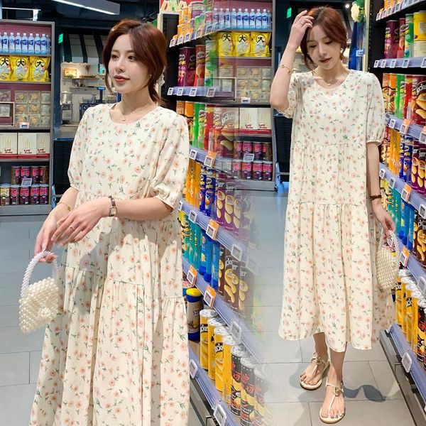 

maternity dresses 046# dress summer o neck floral short sleeves easy matching loose stylish pregnant women mom, White