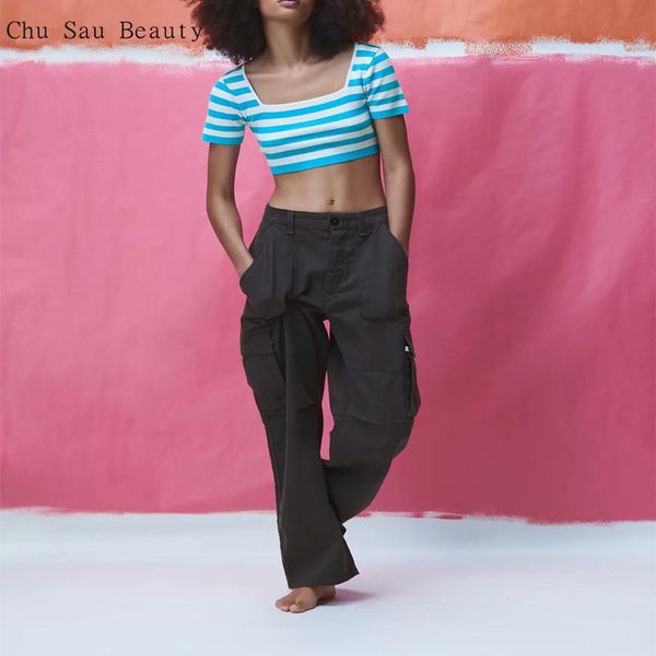 

women's t-shirt chu sau beauty 2021 summer style square-neck slim-fit striped t-shirt, low-cut clavicle knit short high-waist crop top, White