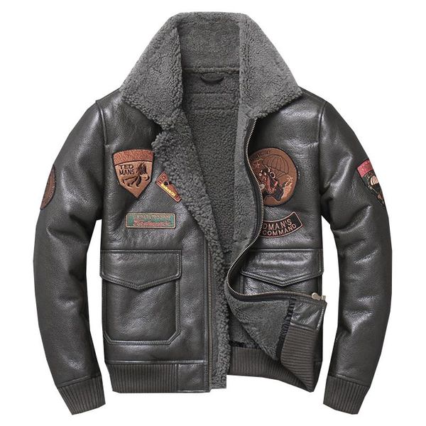 

men's leather & faux .sales.2021 yrwinter men genuine jacket.sheep shearling coat.wool fur jackets.thick warm jacket army green, Black