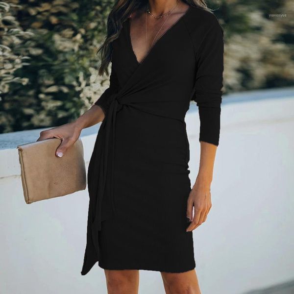 

casual dresses women long sleeve v neck knitting dress elegant chic ladies winter party sweater female vestidos, Black;gray