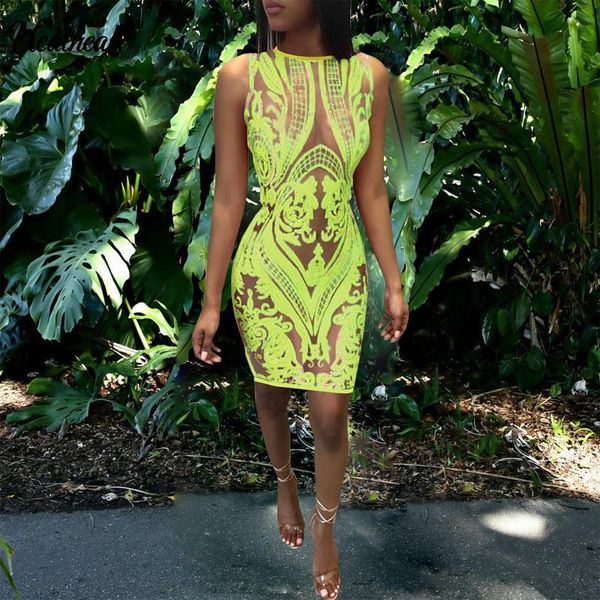 

fashion sleeveless round neck mesh dress for women vestidos sequin stitching party pencil female robe femme casual dresses, Black;gray