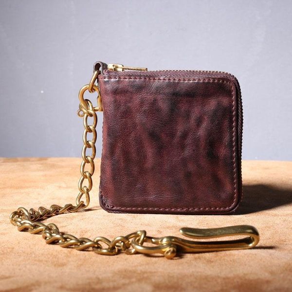 

wallets handmade retro natural vegetable tanned cowhide brass chain short multi-function wallet card holder, Red;black