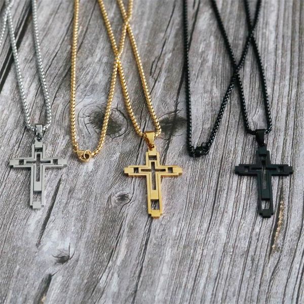 

pendant necklaces fashion hollow cross stainless steel statement necklace for men gold color jewerly colgante hombre, Silver