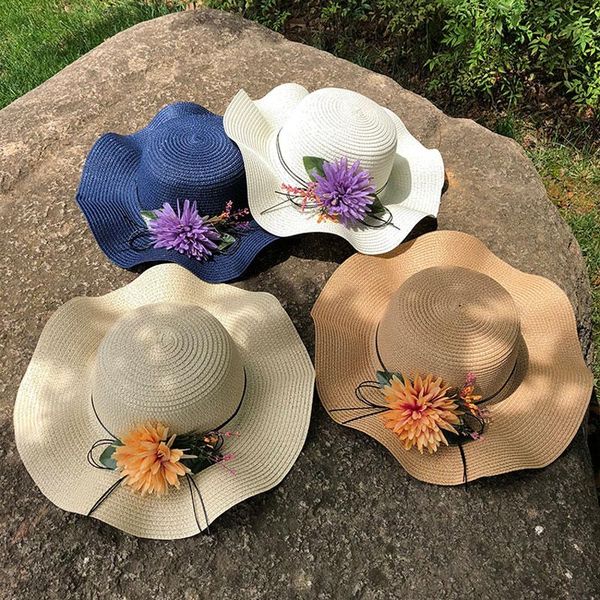 

straw hand-woven flower women summer outdoor sunshade dome sunscreen product factory discount seaside holiday wide brim hats, Blue;gray