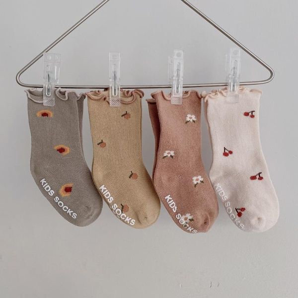 

socks 4paris/lot toddlers girls frilly soft cotton baby ankle sock flower children anti slip infant floor 2496, Pink;yellow