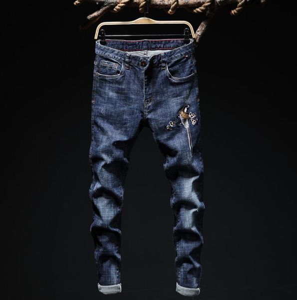 

mens jeans embroidery bird slim pantalones blue original design european american small straight leg stretch trendy pants men's