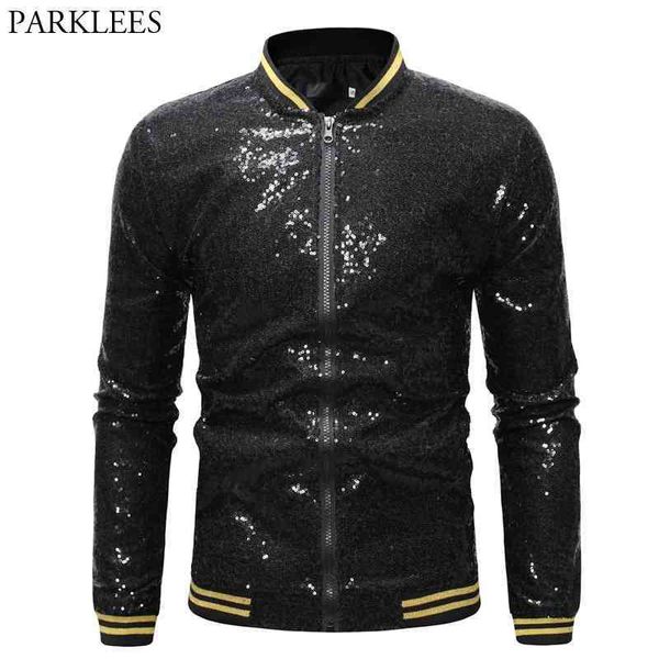 Mens Black Sequin Varsity Giacche e cappotti Shinny Glitter Nightclub Disco DJ Prom Jacket Bomber Maschile Jaqueta Masculina 210522