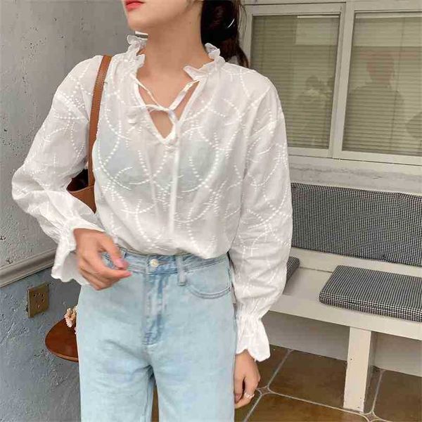 Gancho branco Flores Lace-up Lanterna Sleeves V-Neck Fairy Basic Streetwear Meninas Bonitos de Alta Qualidade Doce Blusas 210525