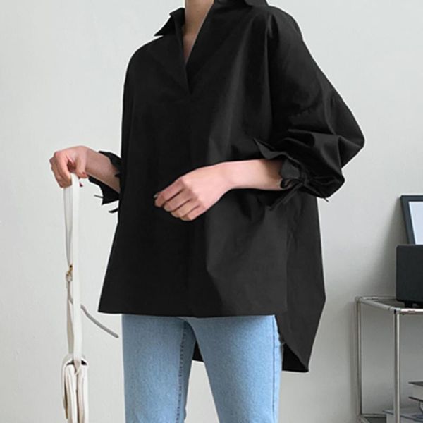 

women's blouses & shirts lapel button solid tunic casual long sleeve blusas women asymmetrical cotton linen loose office ol chem, White