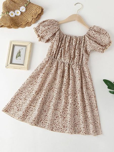 

girls allover print puff sleeve dress she, Red;yellow