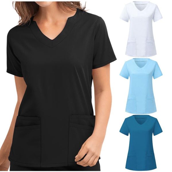 

women's blouses & shirts women short sleeve v-neck nursing working uniform s, White