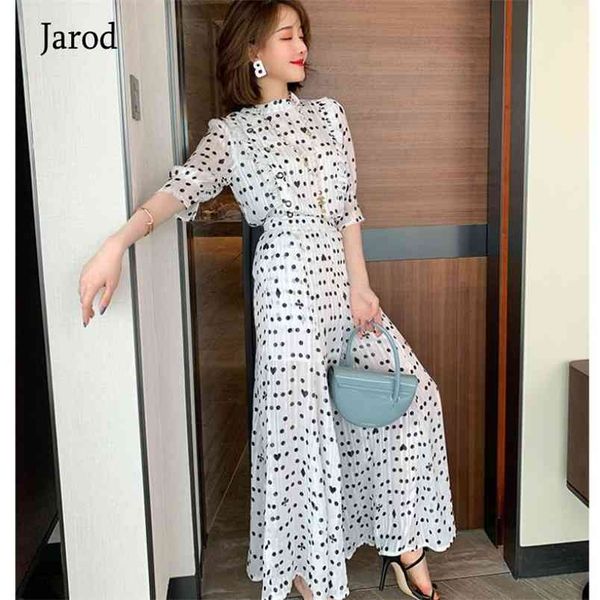 

fashion women polka dot trousers suit summer chiffon o neck ruffles shirt + holiday ladies pleated wide-leg length pants set 210519, White