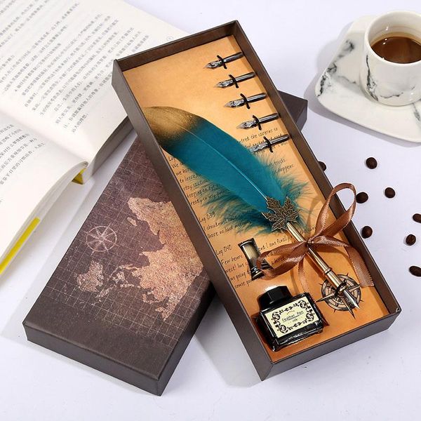 

vintage feather pen brown gift box packaging exquisite writing stationery set personality tool fountain pens
