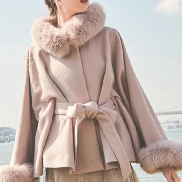 

women's wool & blends sweet elegant solid coats women all-match loose belt cape jackets plush collar warm outwear 2021 autumn winter ja, Black