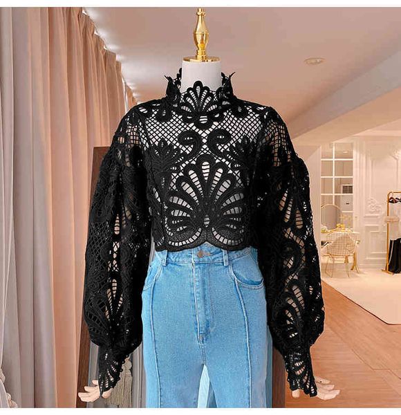 

shirt sleeve flashlight sleeves hollow out lace sweaters, White