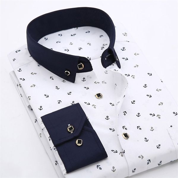

patchwork collar floral men's casual shirt fashion long sleeve print slim fit soft pocket 4xl male dress 210809, White;black
