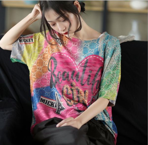 

2021summer tshirts women retro print loose o-neck collar female knit fashion wild women's t-shirt, White