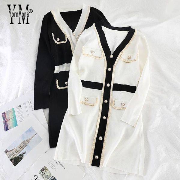 

casual dresses yornmona elegant ladies 2021 brand style v neck single-breasted office dress women chic autumn knitted short white, Black;gray