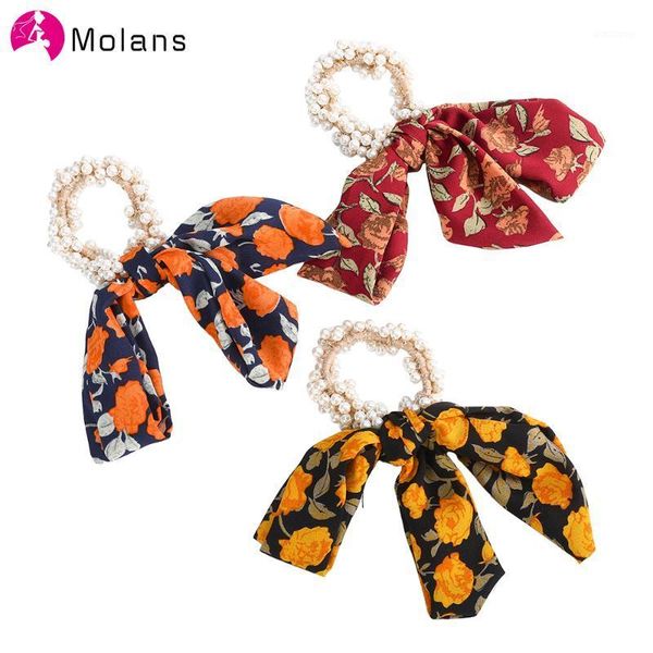 

molans floral bow scrunchies solid women eastic hair ropes with pearls embellished girls bands accessiories1