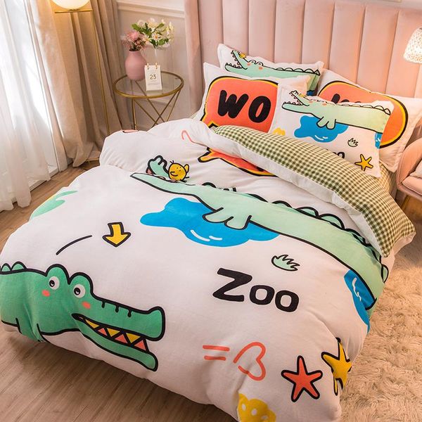 

sheets & sets cartoon letter big crocodile coral velvet warm and comfortable home textile quilt cover four-piece set sheet
