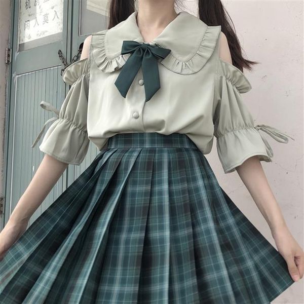 

skirts japanese jk college fresh girl off shoulder shirt + plaid skirt two pieces suit, Black