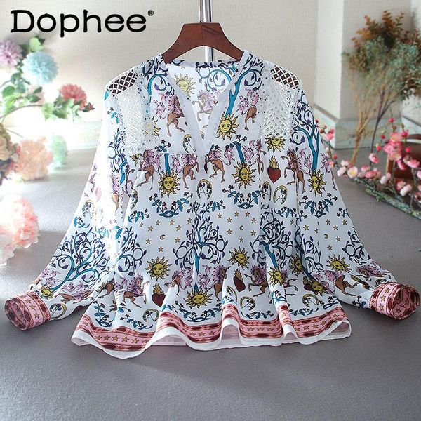

women's blouses & shirts vintage chiffon blouse summer clothing 2021 v-neck printed loose casual hollow out women fashion sun protecti, White