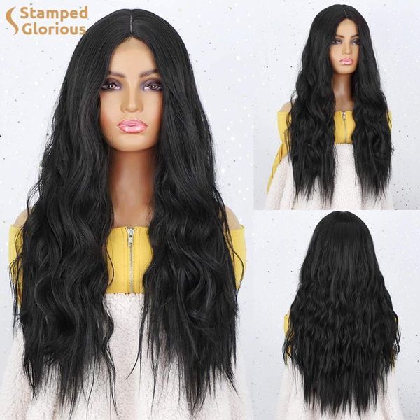 

stamped glorious synthetic long black wavy wigs for women middle part natural looking wig daily use heat resistant1