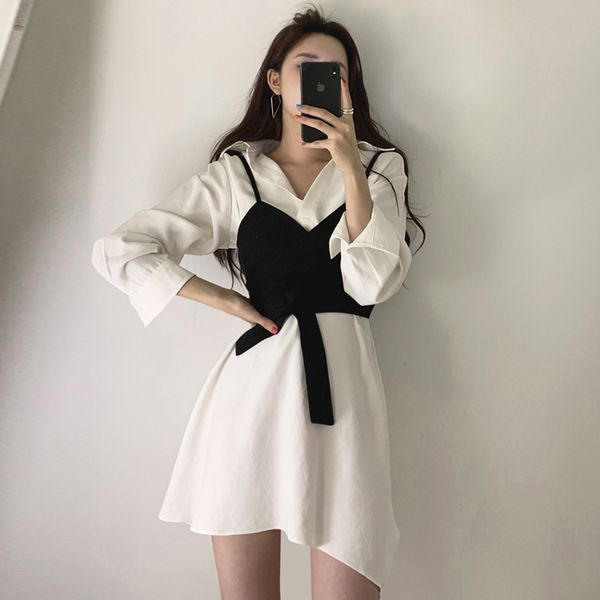 

dress 2021 Spring Mini Turn Down Collar Blouses Style Women Two-Pieces Dress With Top Vestidos, Black;gray