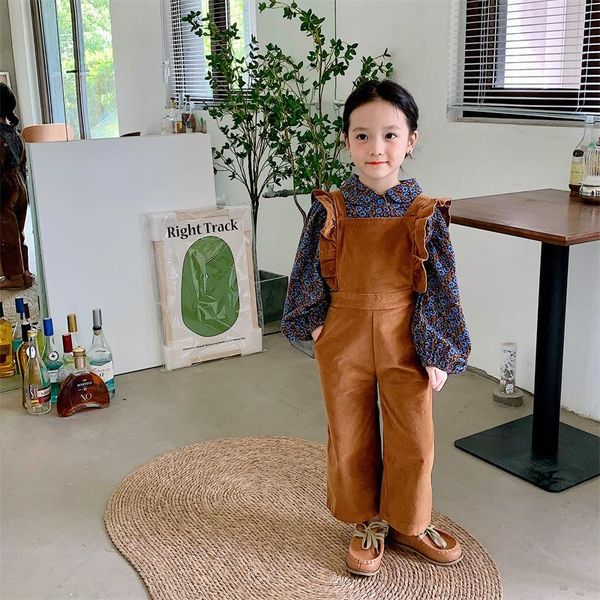 

jumpsuits girls fashion corduroy loose overalls 2021 autumn kids solid color ruffles suspender trousers 2-7y, Blue