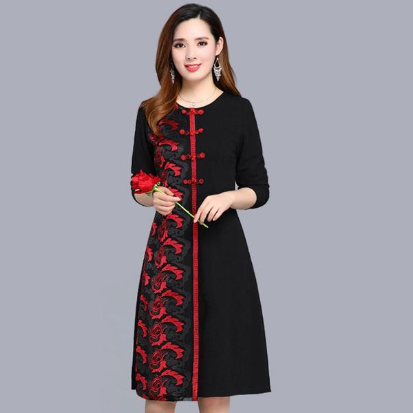 

casual dresses autumn dress women vintage long sleeve knee-length plus size xl-5xl o-neck, Black;gray